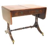 A mahogany and satinwood crossbanded sofa table, the rectangular top with rounded corners above two