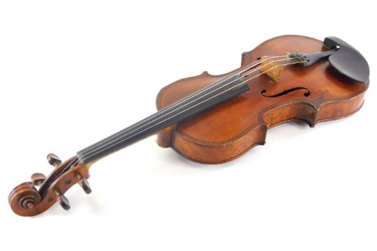 A late 19th/early 20thC violin, with ebonised stringing, the back in highly figured burr maple, no l - Image 1 of 4