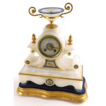 A late 19thC continental alabaster mantel clock, with an urn shaped two handled crest, the dial with