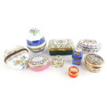 A collection of modern enamel boxes and covers, Limoges porcelain boxes, etc.