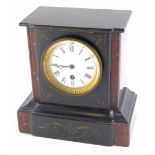 A late 19thC French black slate and marble mantel timepiece, with a white enamelled dial, etc., 23cm