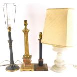 An onyx and brass effect Corinthian column brass table lamp, an opaque glass table lamp, etc. (4)