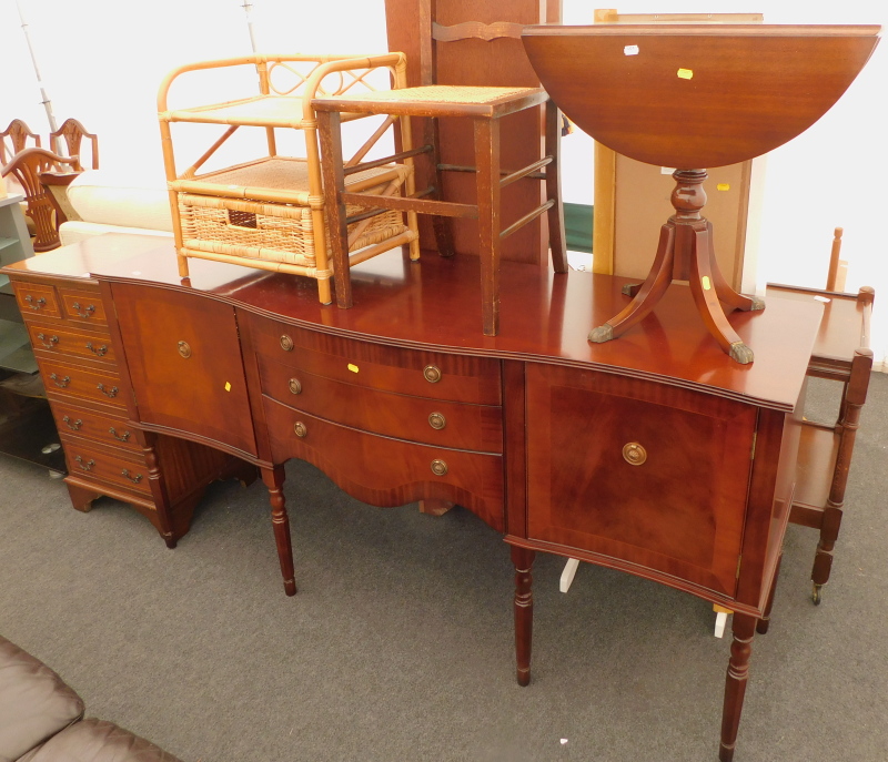 A mahogany Carlton Collective serpentine fronted sideboard, a small chest, an oak kitchen chair with