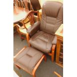 A Verkion brown leather armchair, and a foot stool.