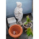 Garden ornaments, to include a figure of a lady on plinth, two terracotta plant pots, etc. (a quanti