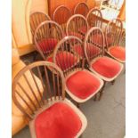 Ten stick back oak pub type chairs, with red velvet seats. The upholstery in this lot does not compl