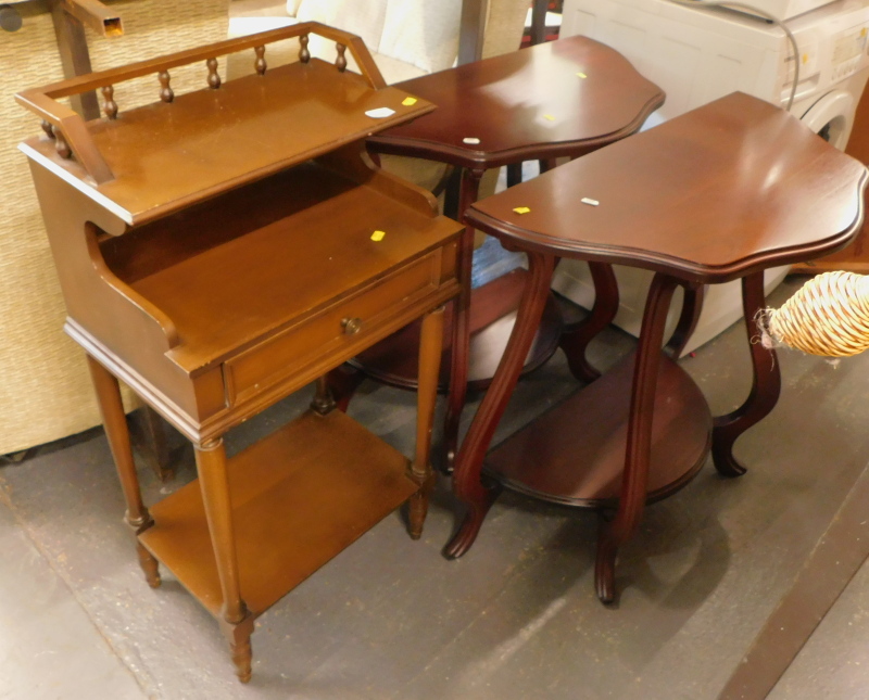 A collection of furniture, to include a pair of two tier demi lune tables, and a telephone table. (3