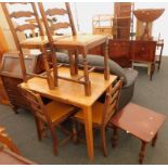 A collection of furniture, to include an oak bureau, a collection of chairs, a pine kitchen table, t