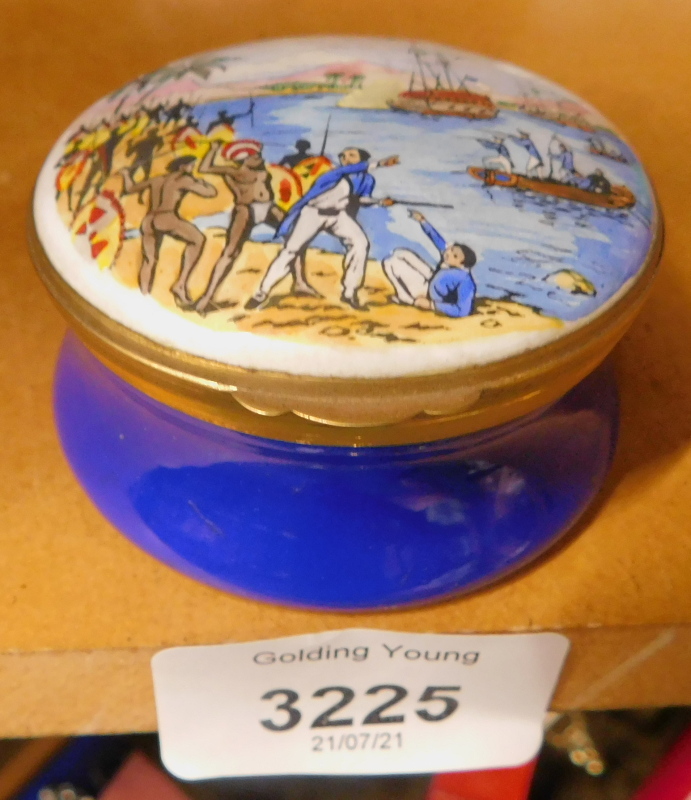 An enamel Crummles pill box, to commemorate Captain James Cook 1728-1779.