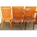 A collection of chairs, to include a smoker's type bentwood chair, an Ercol stick back chair, etc. (