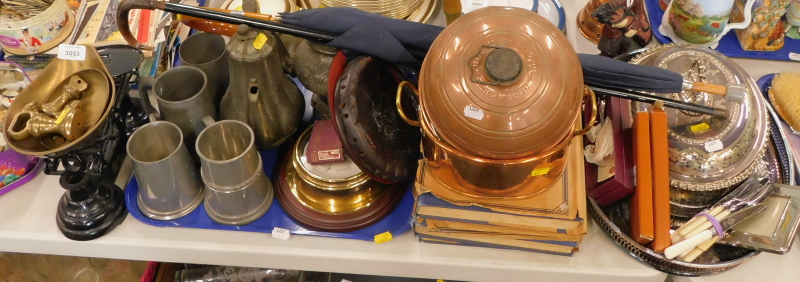 Various pewter tankards, pewter teapot, metal and brass table scales, plated tureen and cover, loose