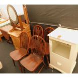 A collection of furniture, to include an oak gate leg table, a pine cupboard, four wheelback chairs,