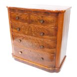 A Victorian flame mahogany bow front chest, of two short and three long cock beaded drawers on a sh