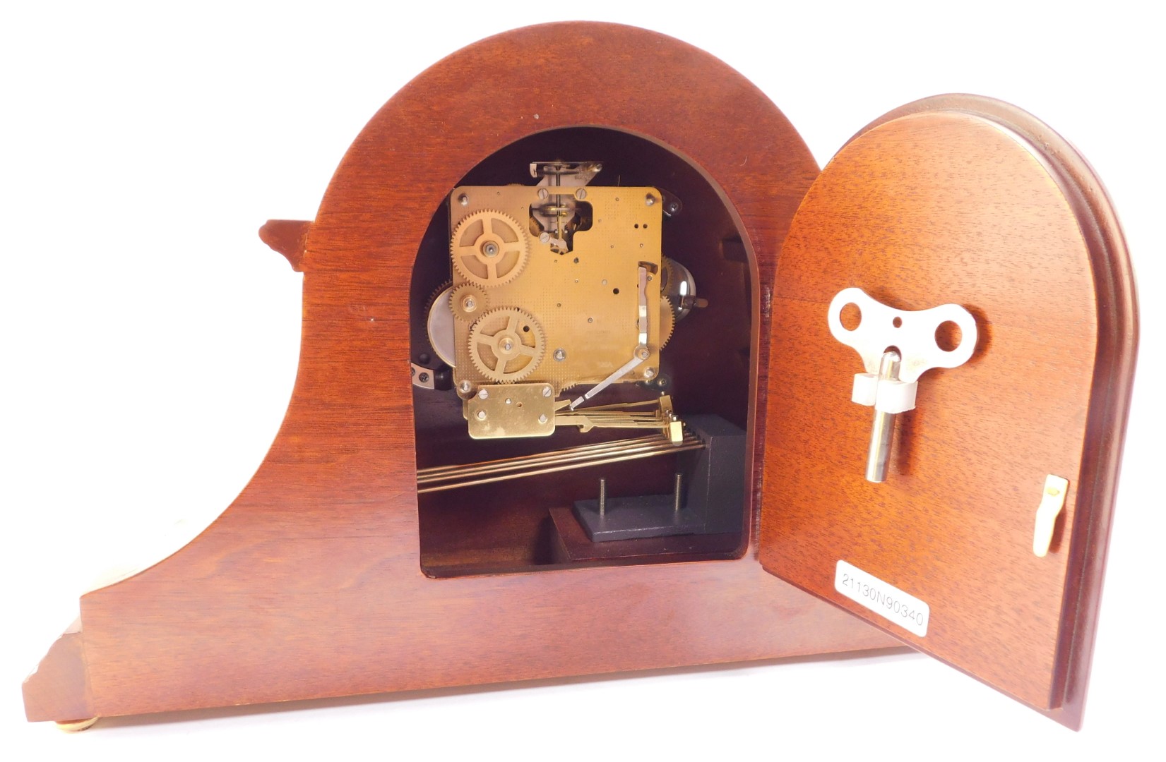 A Franz Hermle mahogany cased mantel clock, circular silvered dial bearing Arabic numerals with cent - Image 4 of 6