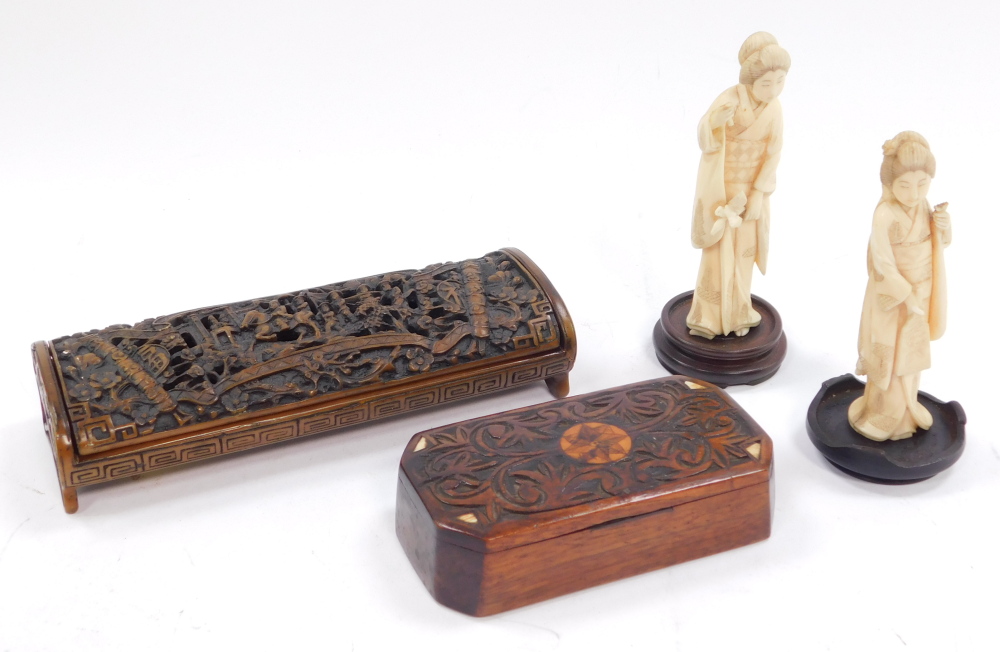 Oriental items, comprising a pair of Japanese carved ivory Okimono, a bronze metal box with pierced - Image 3 of 7