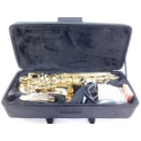 An Evette brass saxophone by Julius Keilwerth, with mother of pearl keys, serial no GEA60899, cased.