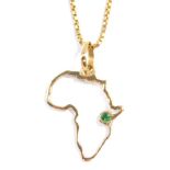 A 18ct gold and emerald set outline map of Africa pendant, on a 9ct gold cable link neck chain, on a