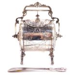A Victorian silver plated biscuit barrel, of barrel form, embossed with acanthus leaves and with eng