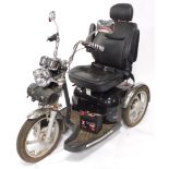 A Sportrider Mobility Scooter, black framed, three wheels, with battery.
