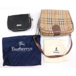 A vintage Burberry's canvas check shoulder bag, with brown leather trim and shoulder strap, the fold