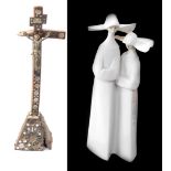 A Lladro porcelain figure of two nuns, together with an antique Continental wooden memorial cross, e