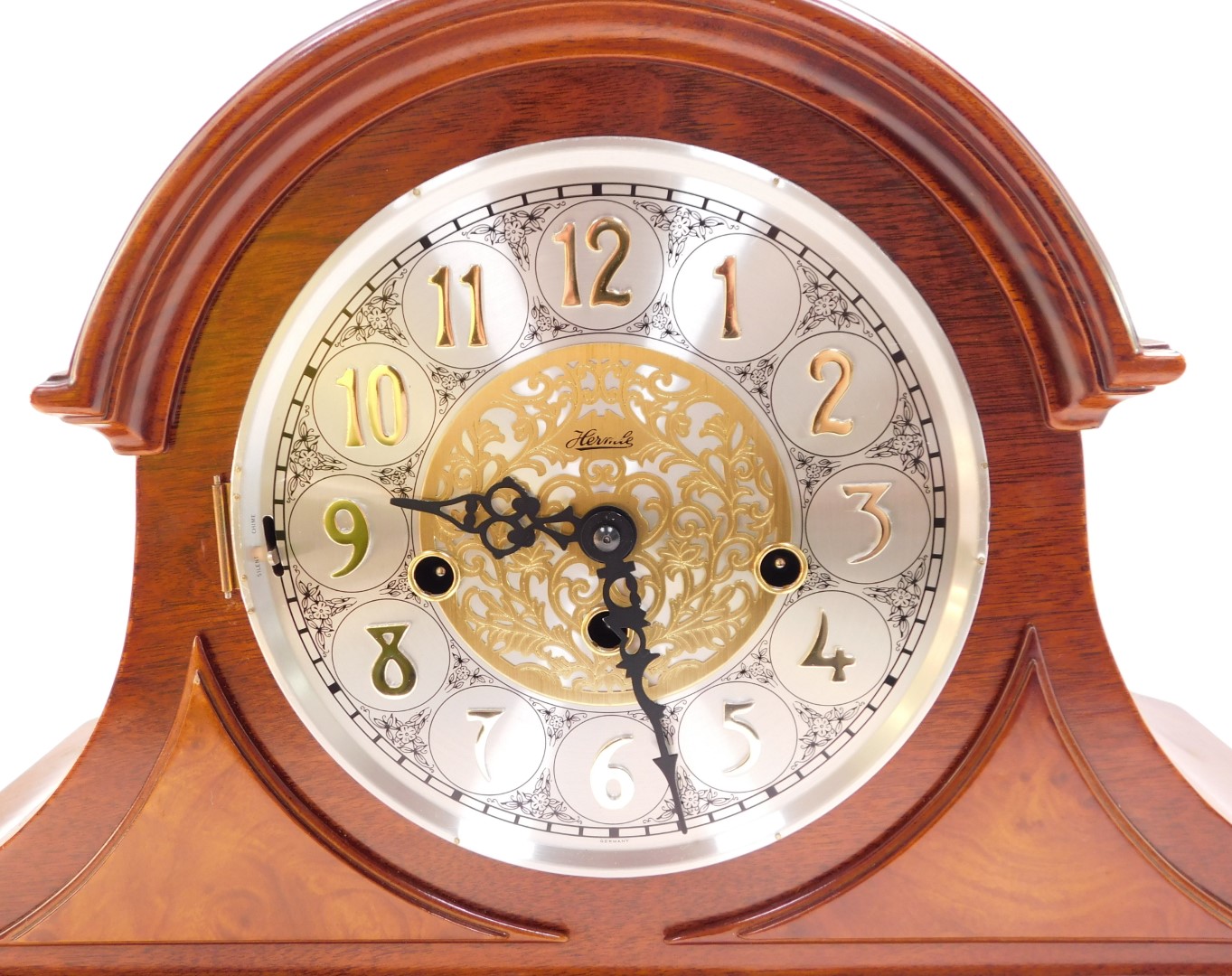 A Franz Hermle mahogany cased mantel clock, circular silvered dial bearing Arabic numerals with cent - Image 6 of 6