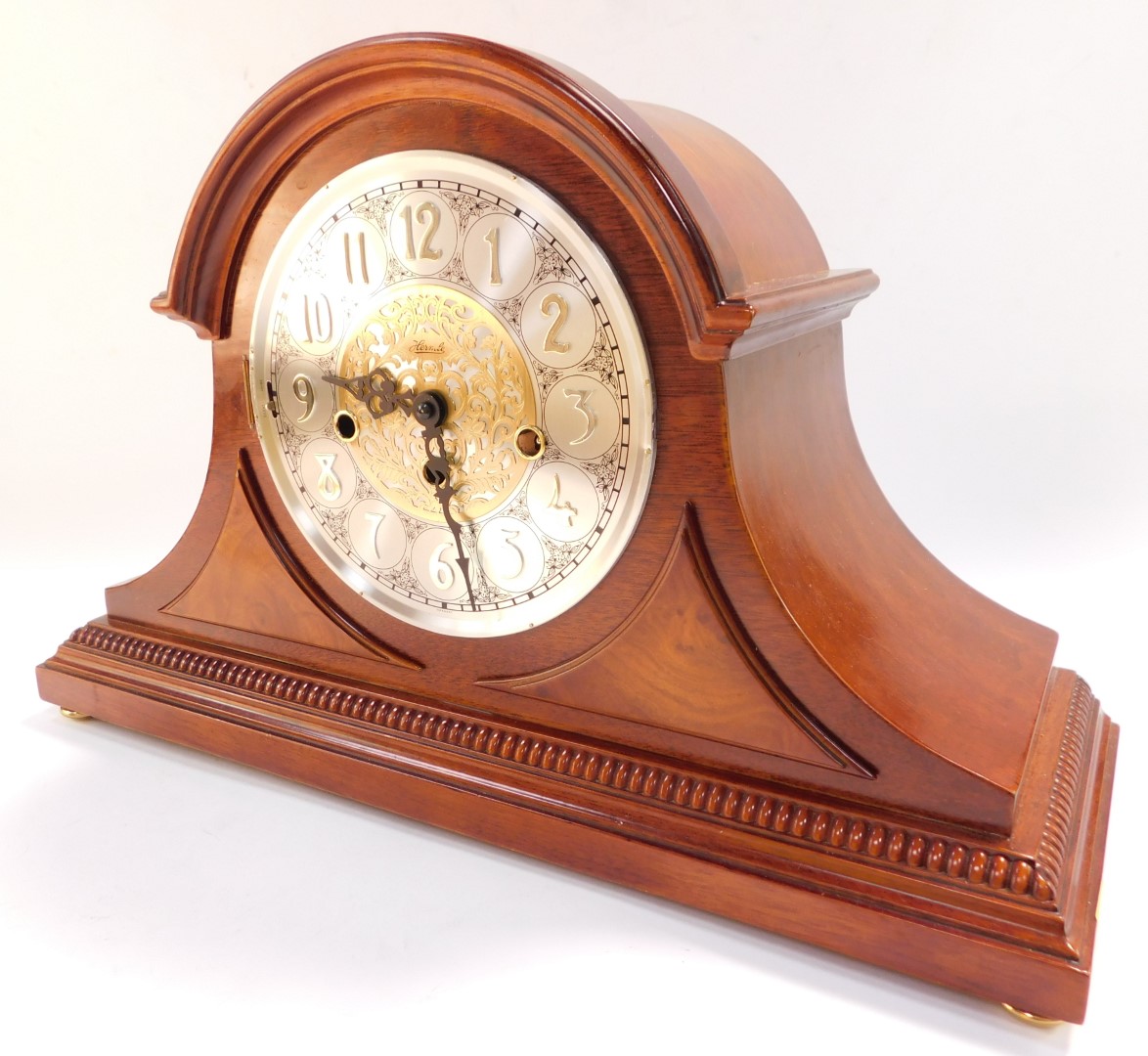 A Franz Hermle mahogany cased mantel clock, circular silvered dial bearing Arabic numerals with cent - Image 3 of 6