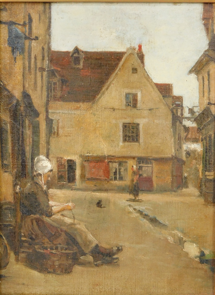 Continental School (19thC). Street Scene with figures, oil on canvas, 27.5cm high, 20cm wide.