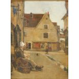 Continental School (19thC). Street Scene with figures, oil on canvas, 27.5cm high, 20cm wide.