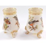 A pair of late 19thC Royal Worcester porcelain vases, each painted with birds, to include blue tits,