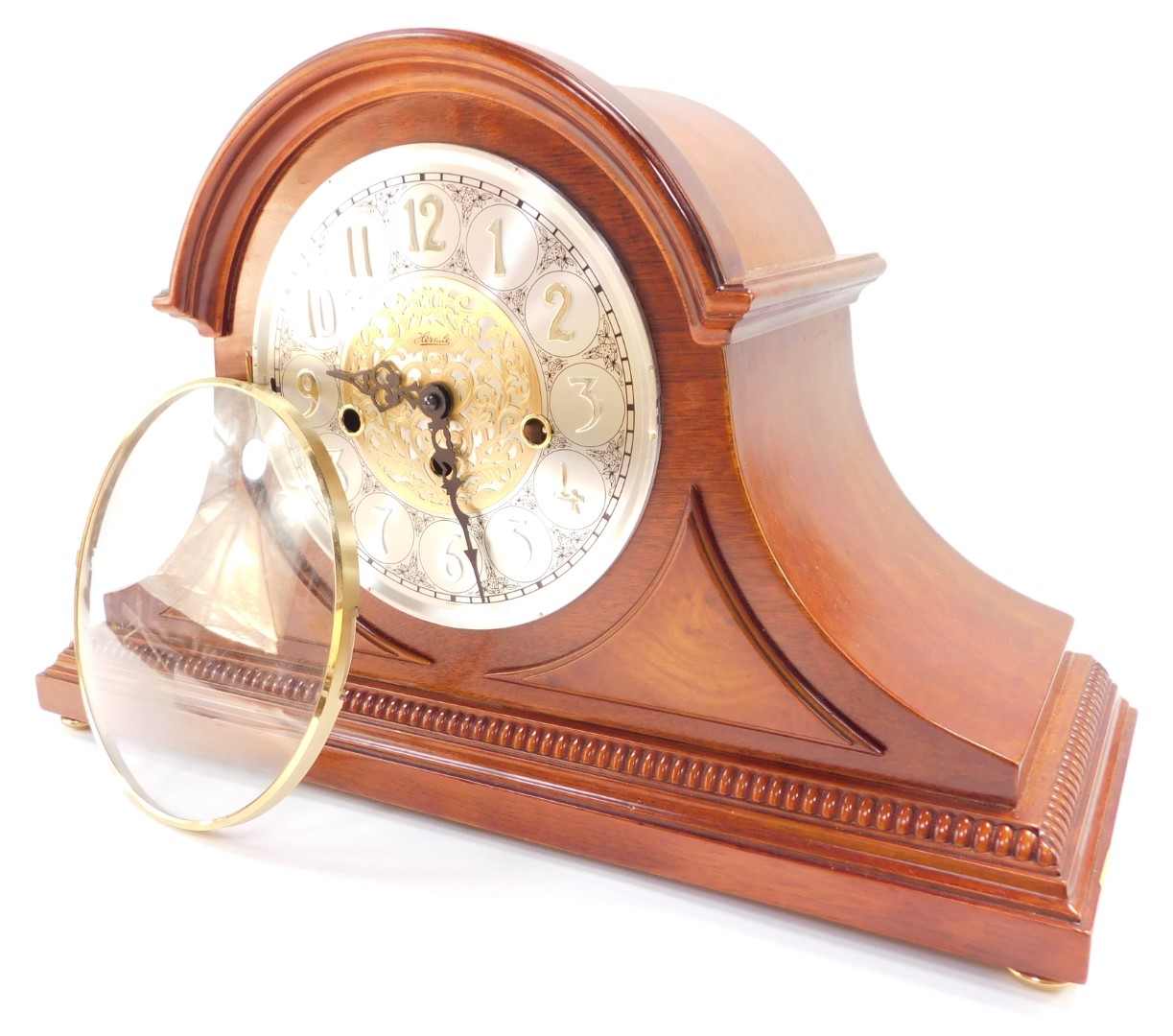 A Franz Hermle mahogany cased mantel clock, circular silvered dial bearing Arabic numerals with cent - Image 2 of 6