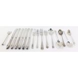 A set of six George V silver handled cake knives, Sheffield 1920, George V silver fork and spoon, Lo