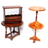 A group of furniture, comprising a pair of oak occasional tables, each with a circular top and turne