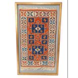 A Persian style rug, with a geometric design in cream, burnt orange, blue, etc., with fringed ends,