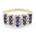 A 9ct gold sapphire and diamond ring, set with five rows of three sapphires interspersed with four r