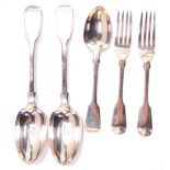 A group of Victorian silver table wares, comprising two table spoons, dessert spoon and pair of dess