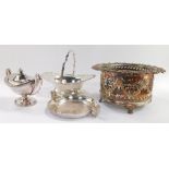 Electro plated wares, comprising a pierced circular stand or coaster, circular nut dish with squirr
