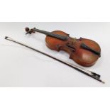 A violin, with single piece back, 35cm, and bow. (2)