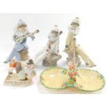 Three Nao porcelain figures of mandolin players, comical figural match striker ashtray "Scratch Your