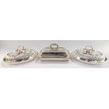 Three electro plated entree dishes, being a pair of oval examples with semi fluted covers, and a rec