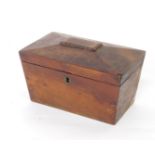 A Regency mahogany sarcophagus shaped tea caddy, the hinged lid enclosed two lidded divisions, 27cm