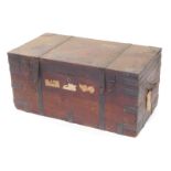 An Eastern metal bound teak and brass bound silver trunk or case, bearing name to top, K Horwood 4,