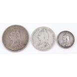 A Victorian silver double florin 1889, Jubilee head shilling 1887, and a half crown 1889. (3)