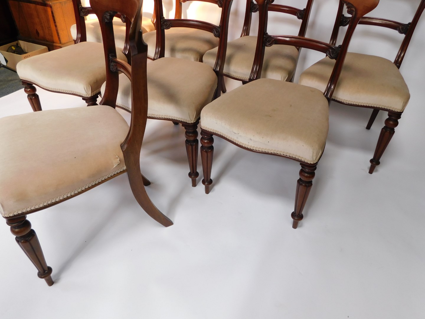 A set of eight Victorian mahogany dining chairs, each with a shaped leaf carved bar back, a padded s - Bild 3 aus 3