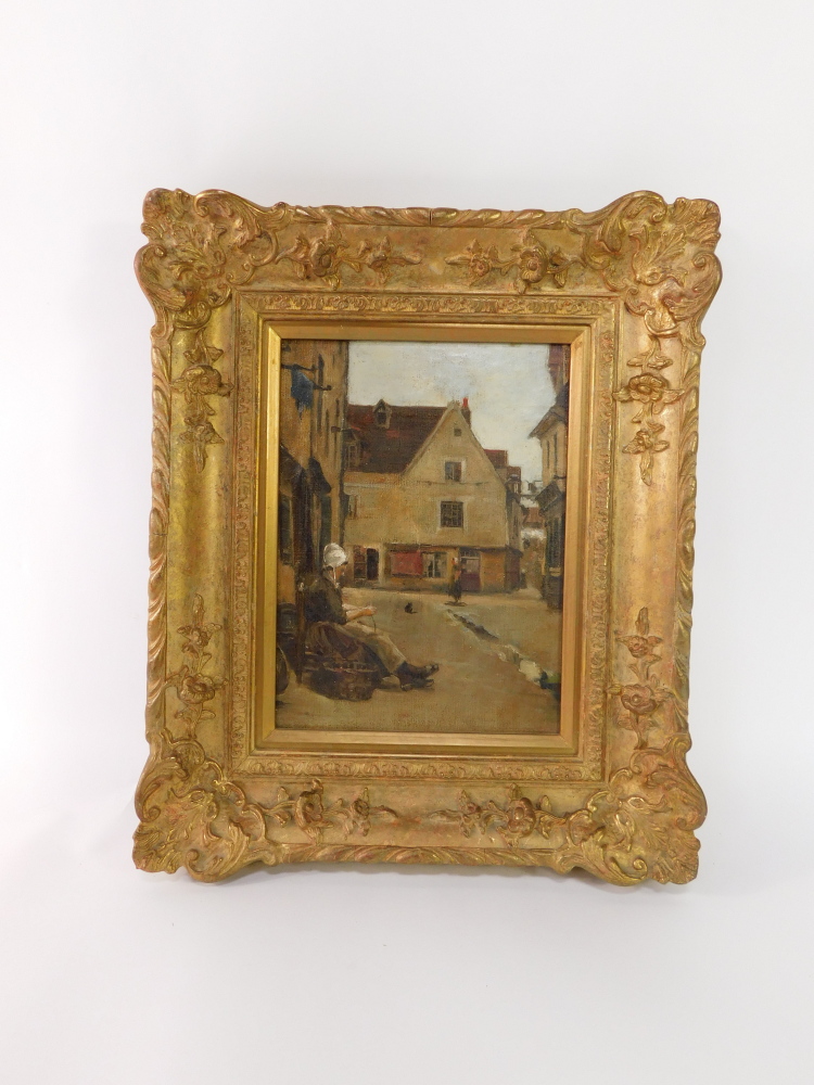 Continental School (19thC). Street Scene with figures, oil on canvas, 27.5cm high, 20cm wide. - Image 2 of 2