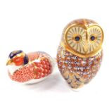 A Royal Crown Derby porcelain Imari owl paperweight, together with a further paperweight modelled as
