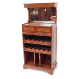 A modern oak and elm drinks serving buffet, with mirror back, two drawers and slide over wine rack a