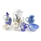 A group of pottery, including a Kersey pottery cream jug and sugar bowl, Studio Pottery water jug, a