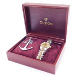 A Tudor Princess Oyster Date lady's bi-colour wristwatch, circular gilt dial with centre seconds, da