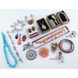 Silver and costume jewellery, including amber set earrings, turquoise bead necklace, Murano necklace